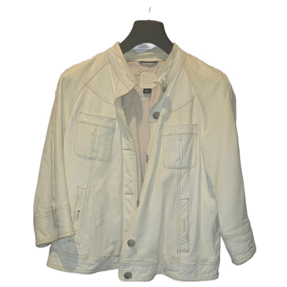 Gap Womens Cream Leather Jacket Button Front Stand Collar Ivory Size L RN54023
